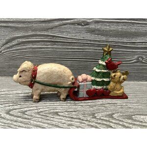 Rustic Pig Pulling Sleigh Christmas Figurine Wood Look Resin Country Farmhouse